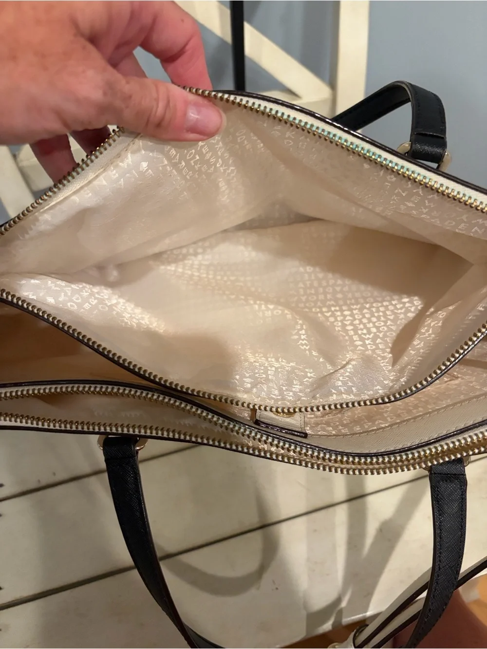 kate spade Cream and Black Leather Tote with Gold Hardware